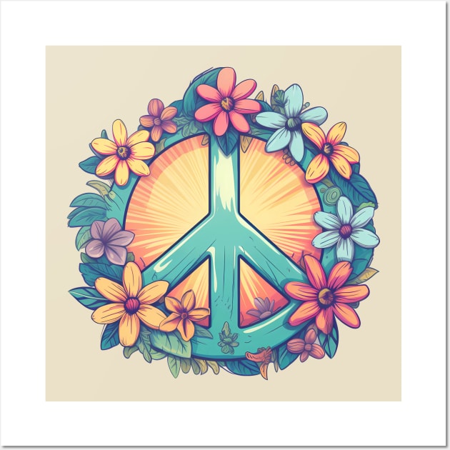 Groovy retro peace sign with pastel flowers Wall Art by Unelmoija